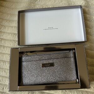 Kate Spade Pink Silver Glitter Wristlet Kenzie Boxed Large Slim Cardholder